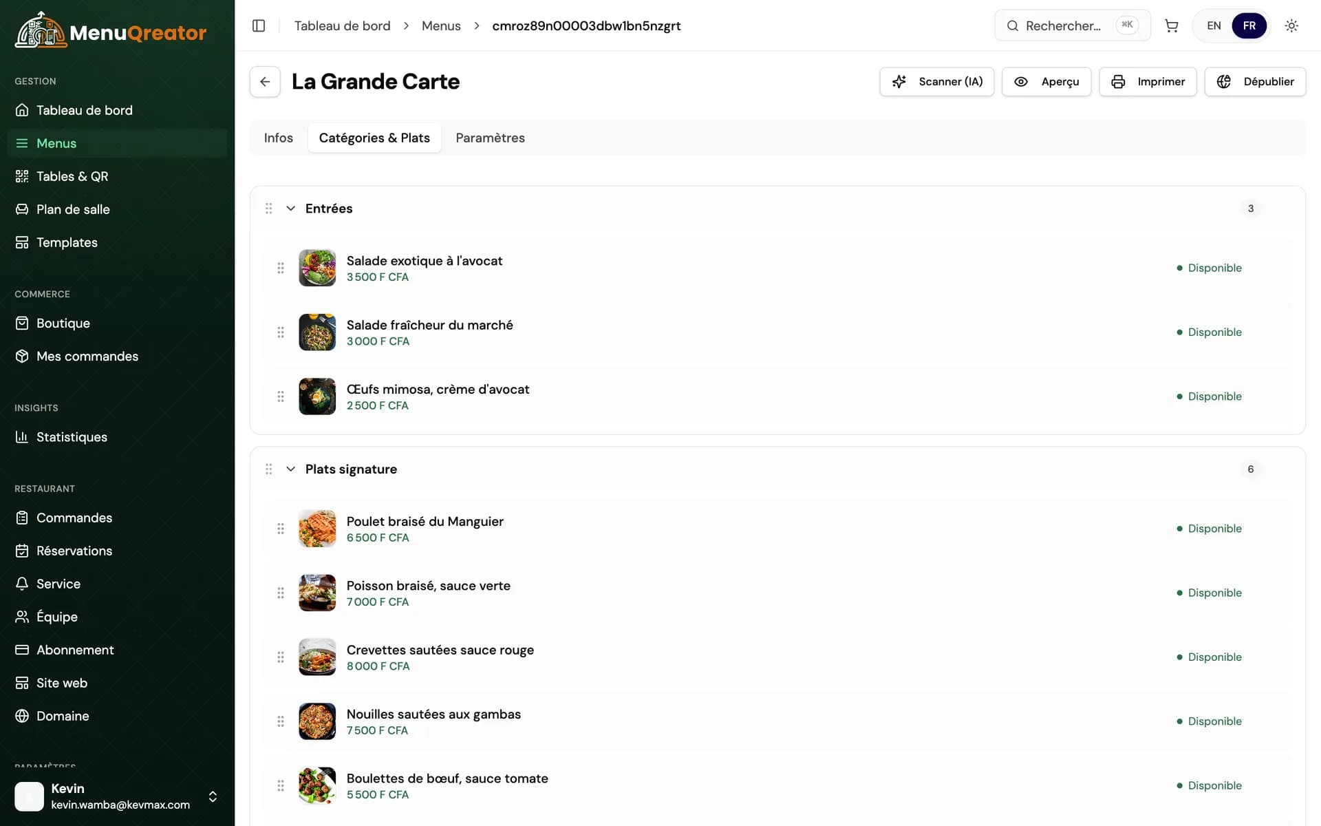 Créez votre menu
