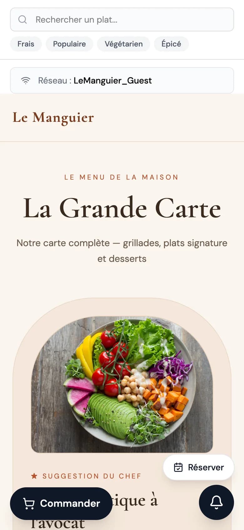 Menu du restaurant de démonstration affiché sur un téléphone après scan du QR code